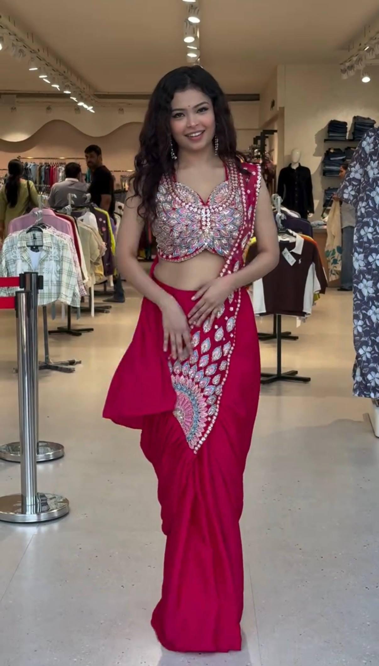 Ready-to-Wear Red Faux Georgette Saree with Sequin Work