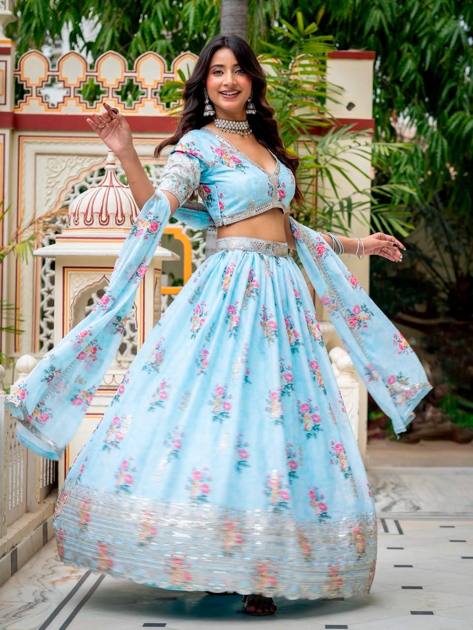 Designer Indian Wedding Lehenga Choli: Sky Blue Georgette Embroidery (Made To Order) Customize Size
