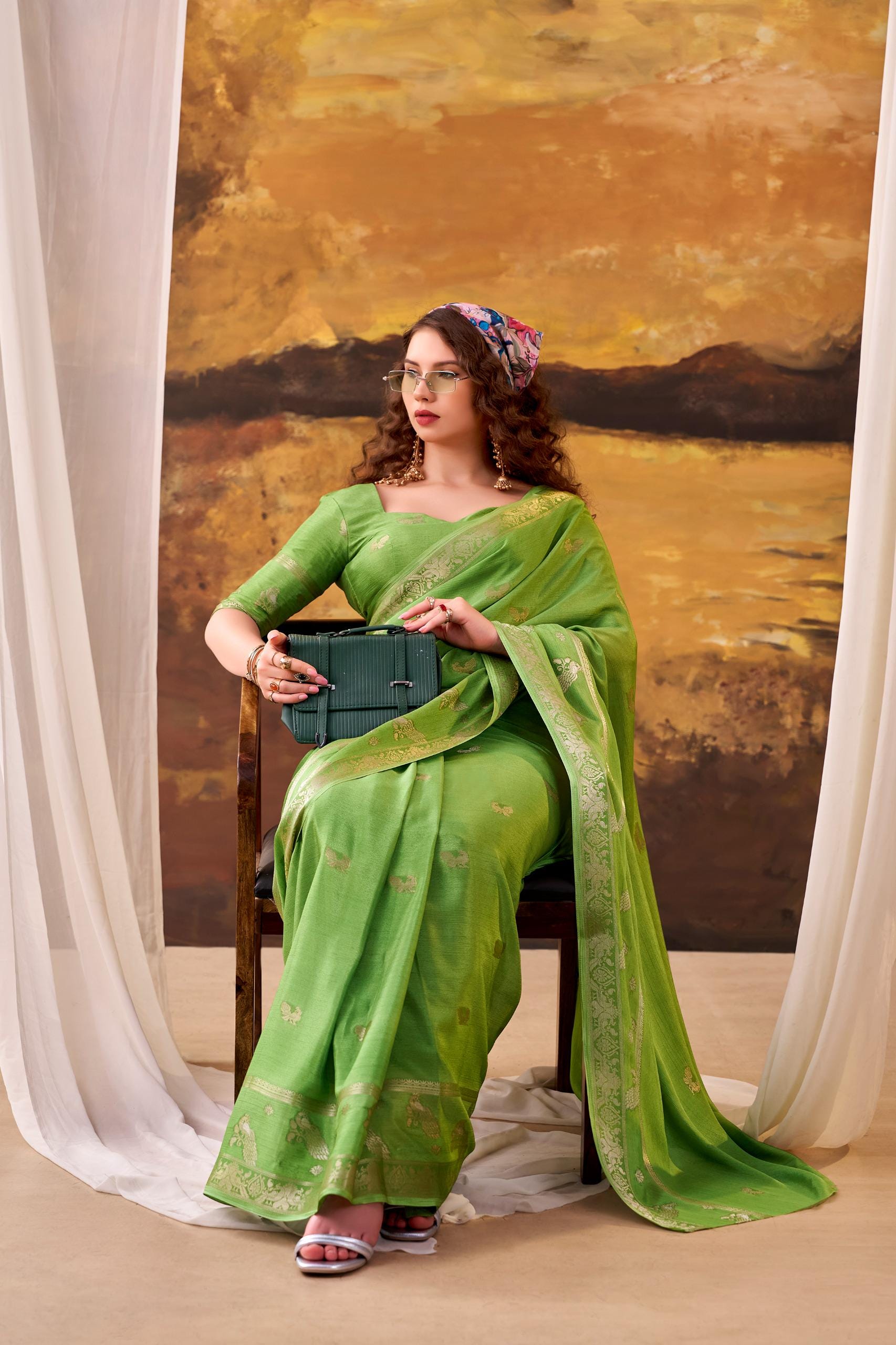 Green Crepe Saree with Weaving Work