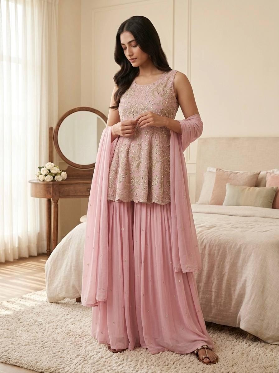 Mauve Purple Embroidered Faux Georgette Top & Lehenga Set | Wedding Guest Dress