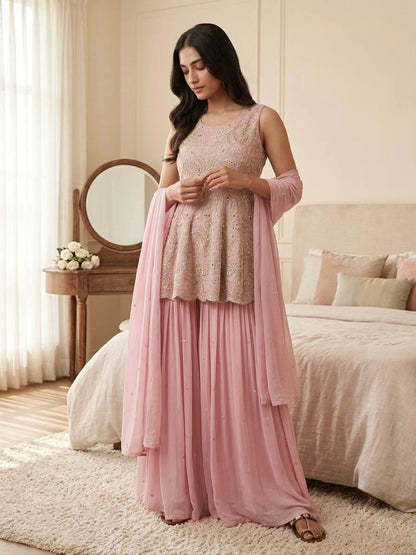 Mauve Purple Embroidered Faux Georgette Top & Lehenga Set | Wedding Guest Dress