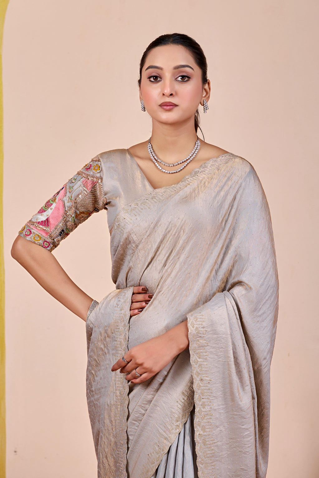 SUDHA Satin Embellished Embroidered Saree - Grey