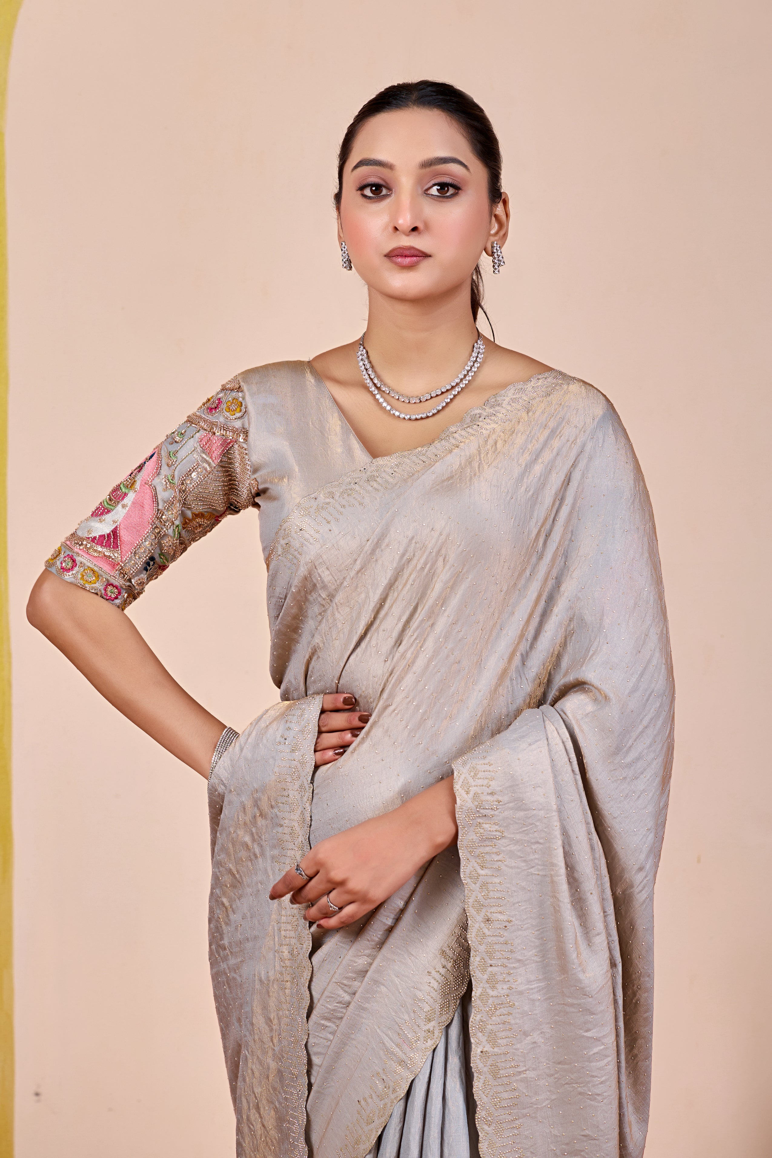 SUDHA Satin Embellished Embroidered Saree - Grey
