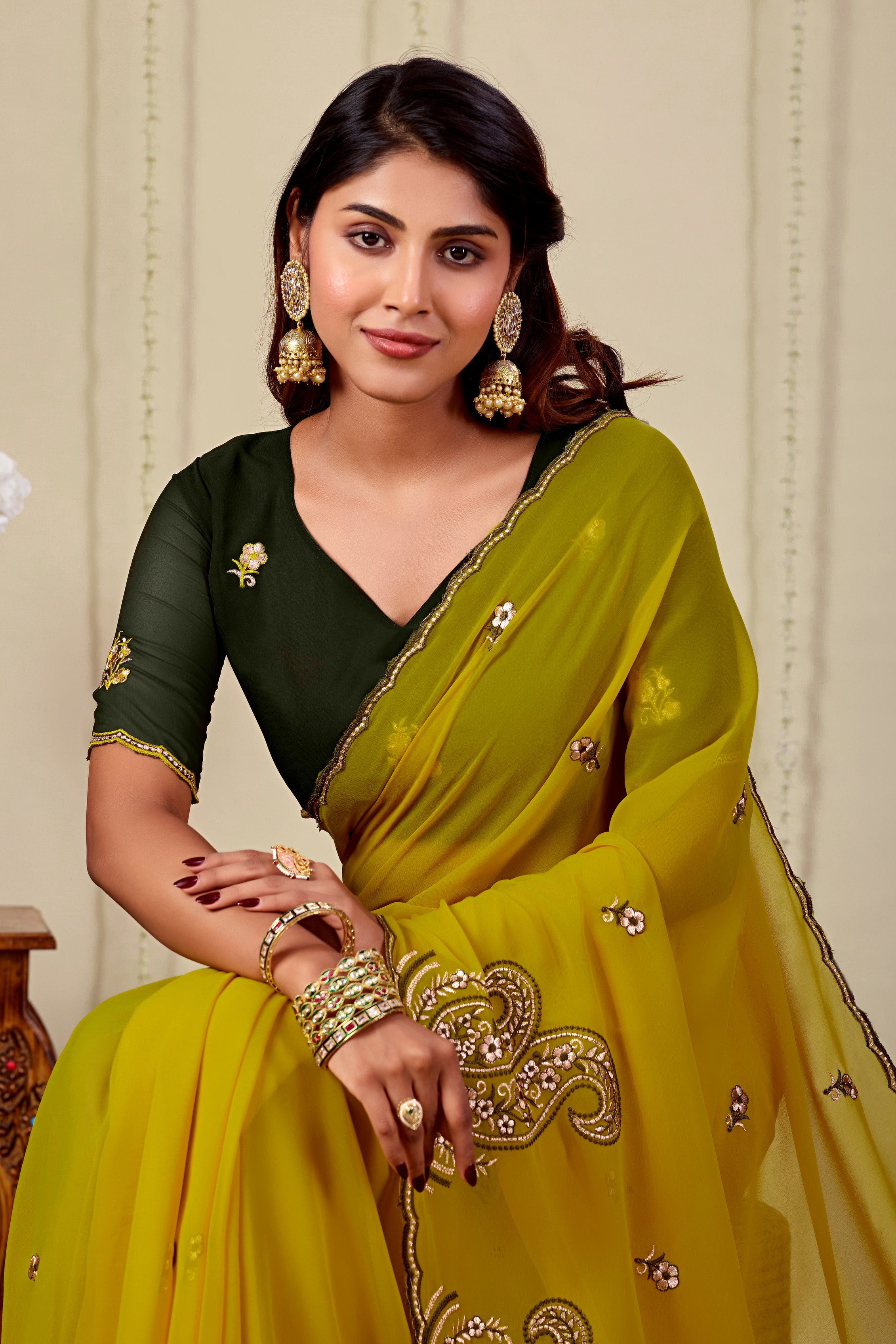 NIHARIKA Georgette Embellished Embroidered Saree - Dusty Yellow