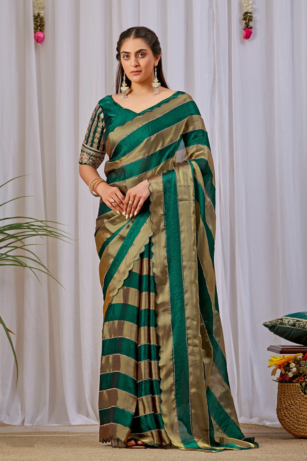 NAYANTARA Satin Embellished Embroidered Saree - Bottle Green