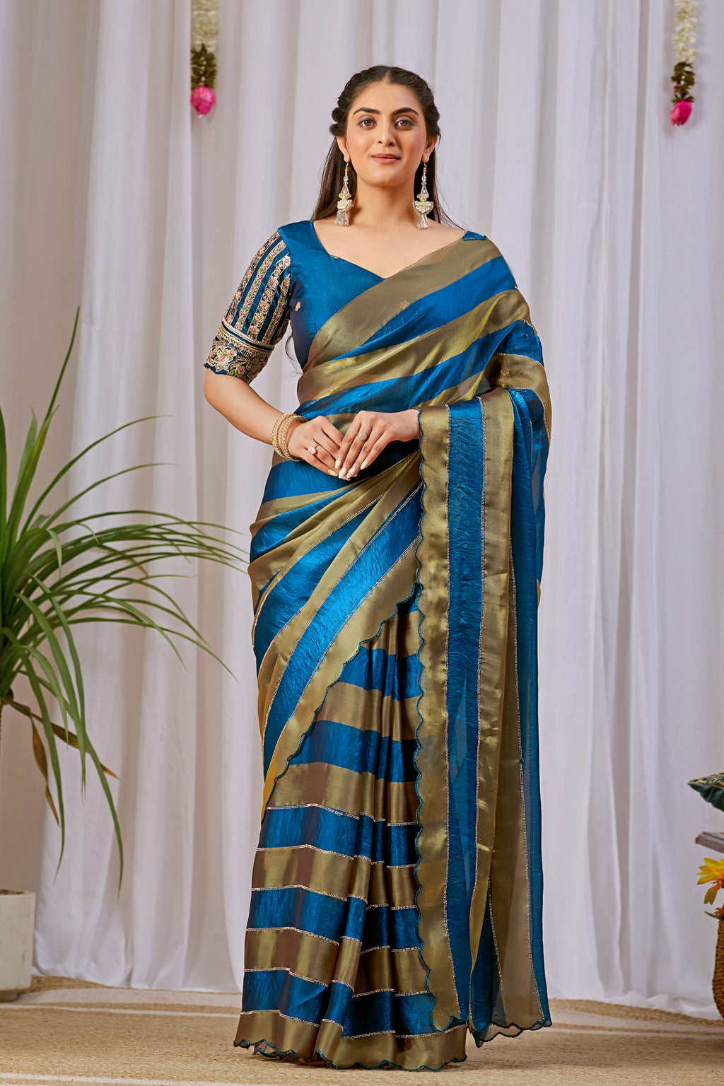 NAYANTARA Satin Embellished Embroidered Saree - Mor Peach