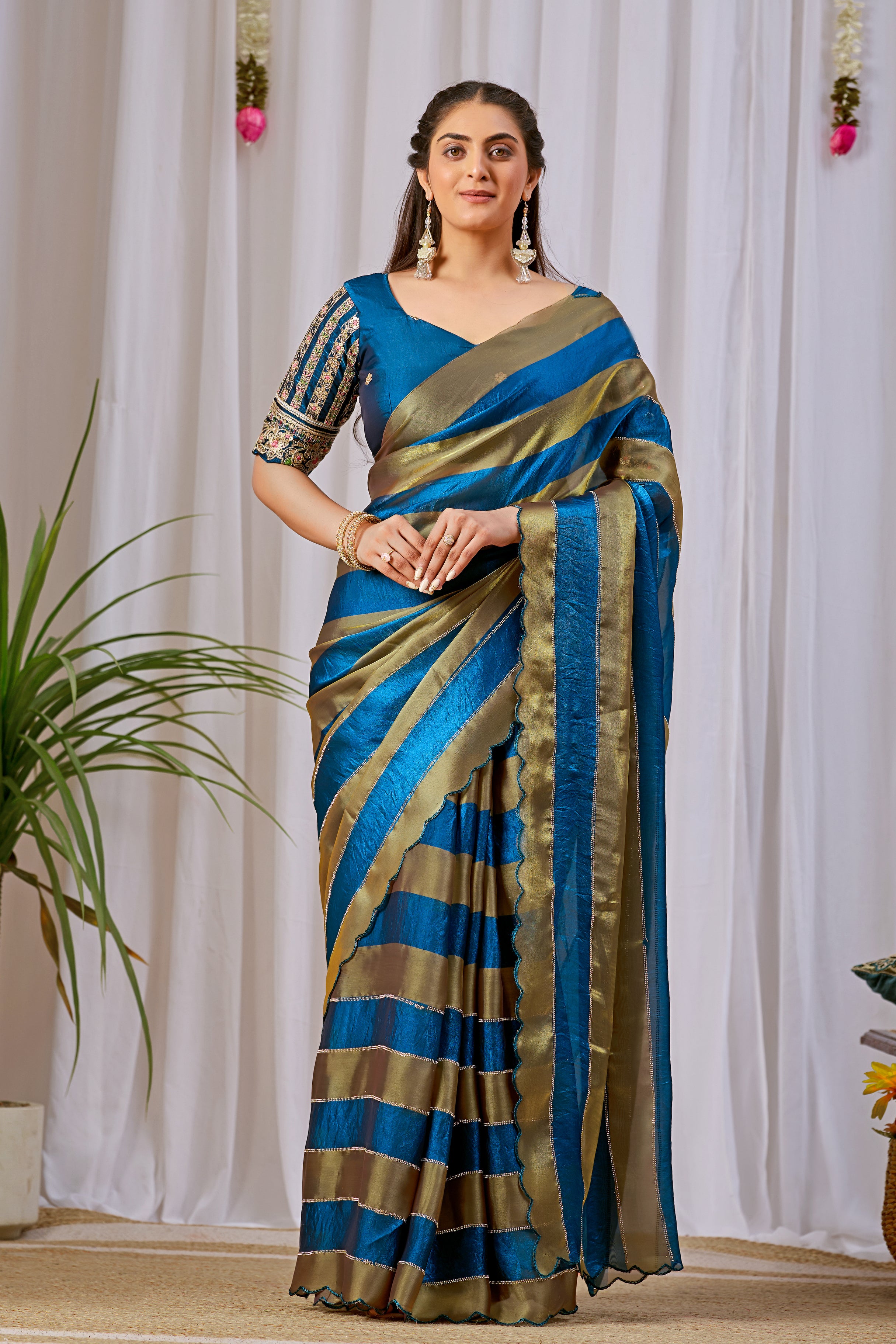 NAYANTARA Satin Embellished Embroidered Saree - Mor Peach