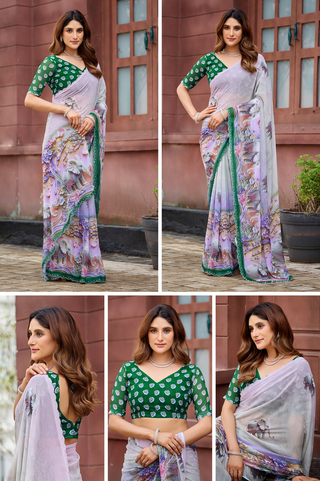 NIRALI Georgette Digital Floral Printed Saree - Bottle Green