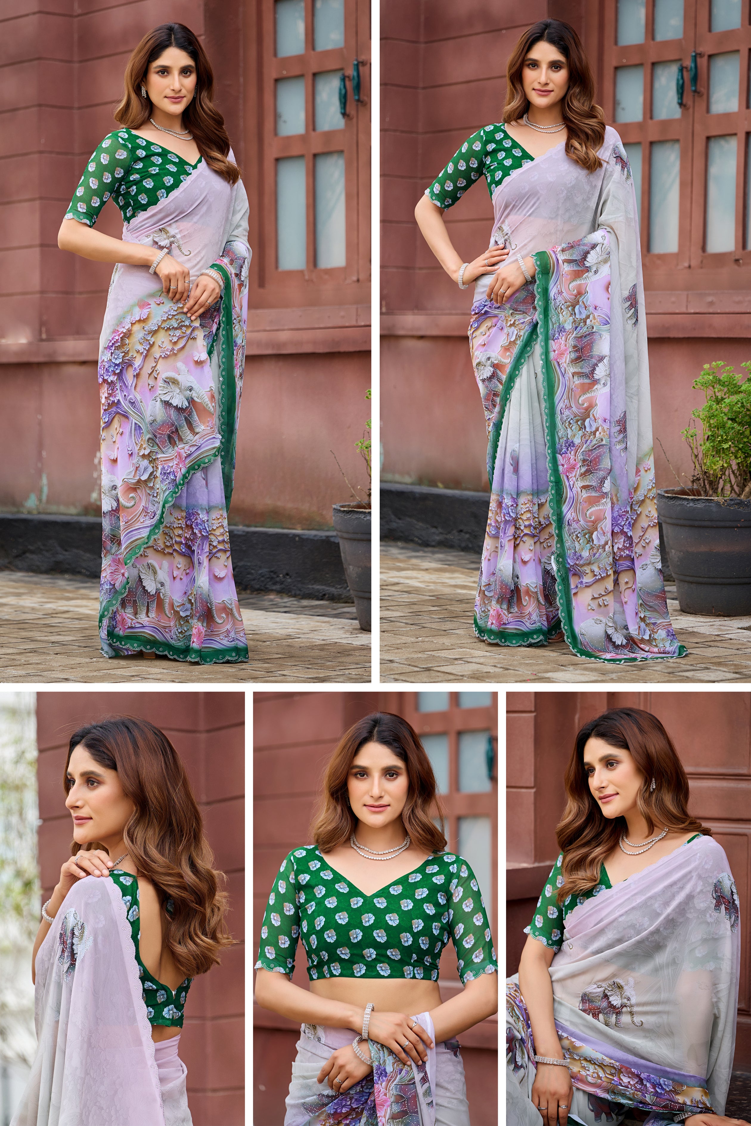 NIRALI Georgette Digital Floral Printed Saree - Bottle Green