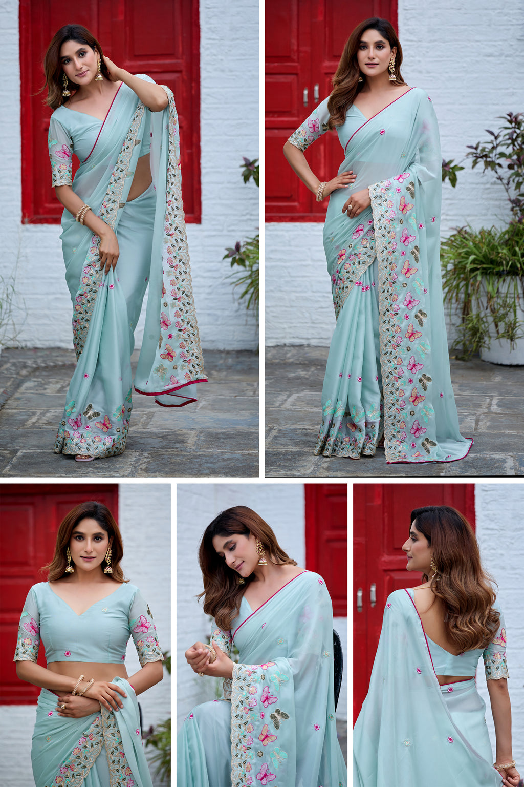 SHIKHA Georgette Embellished Embroidered Saree - Light Sky