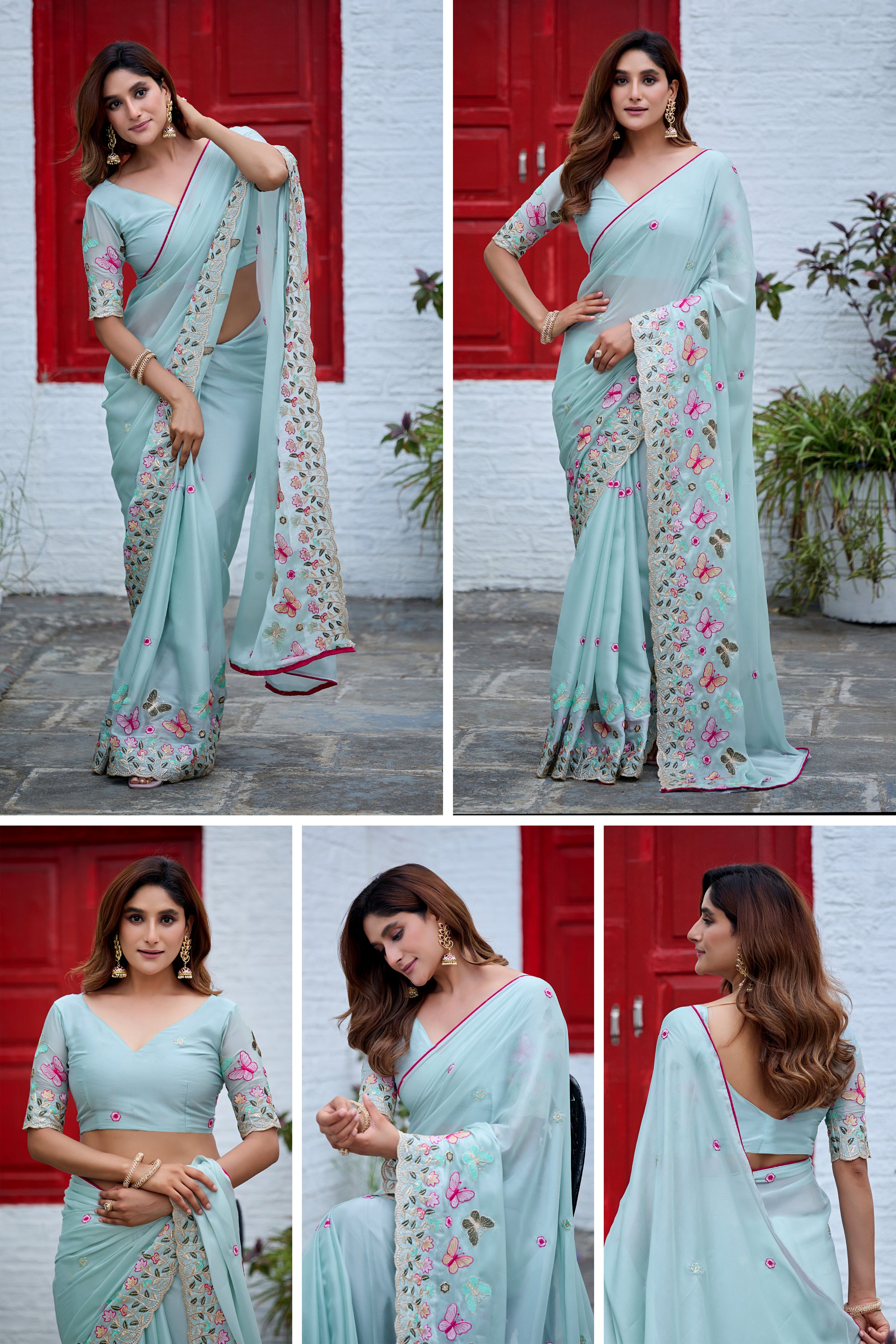 SHIKHA Georgette Embellished Embroidered Saree - Light Sky