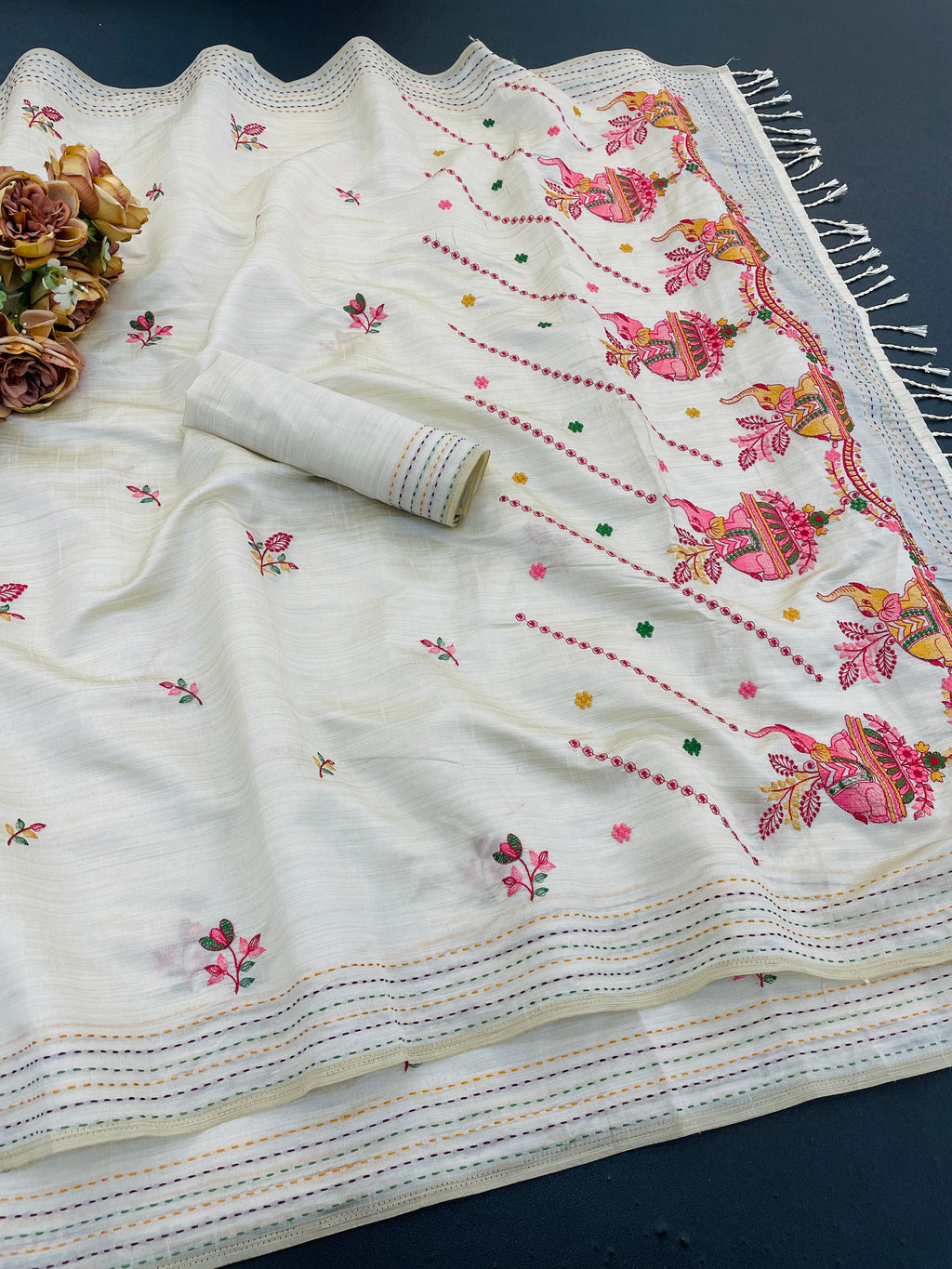 K 5 FASHION Tussar Silk Embroidered Saree - ELEPHANT