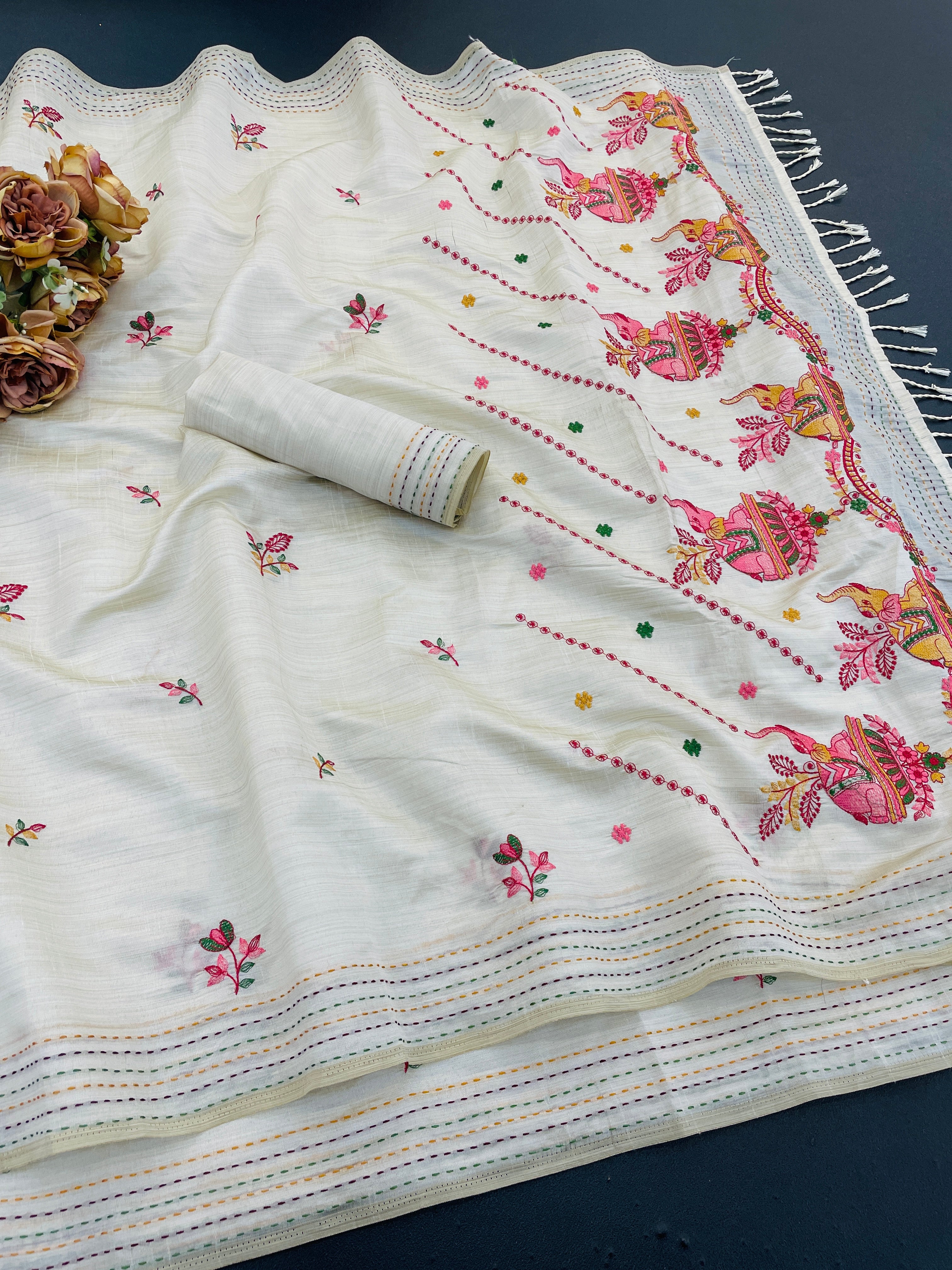 K 5 FASHION Tussar Silk Embroidered Saree 2 - ELEPHANT