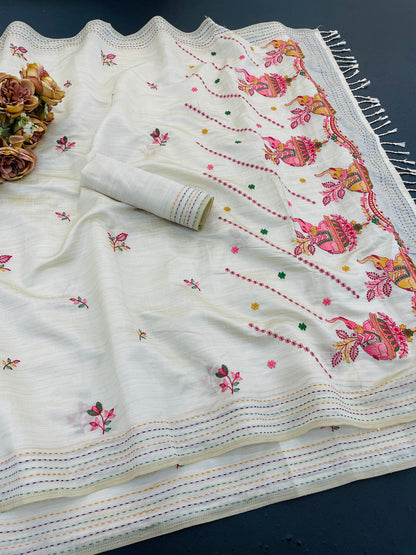 K 5 FASHION Tussar Silk Embroidered Saree 2 - ELEPHANT