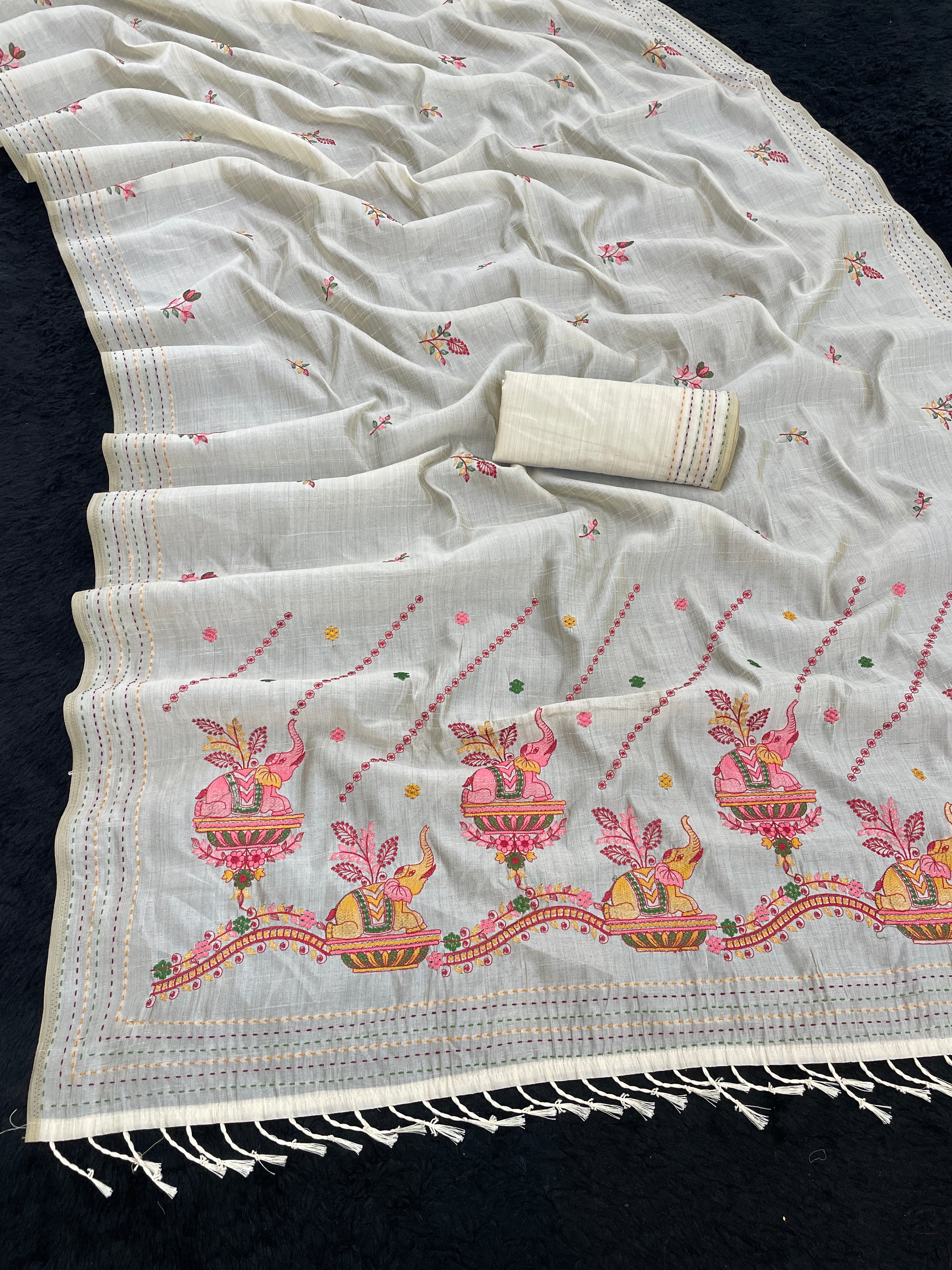 K 5 FASHION Tussar Silk Embroidered Saree 2 - ELEPHANT