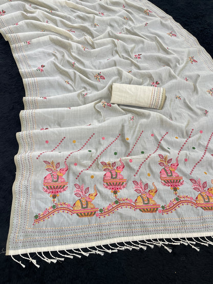 K 5 FASHION Tussar Silk Embroidered Saree - ELEPHANT