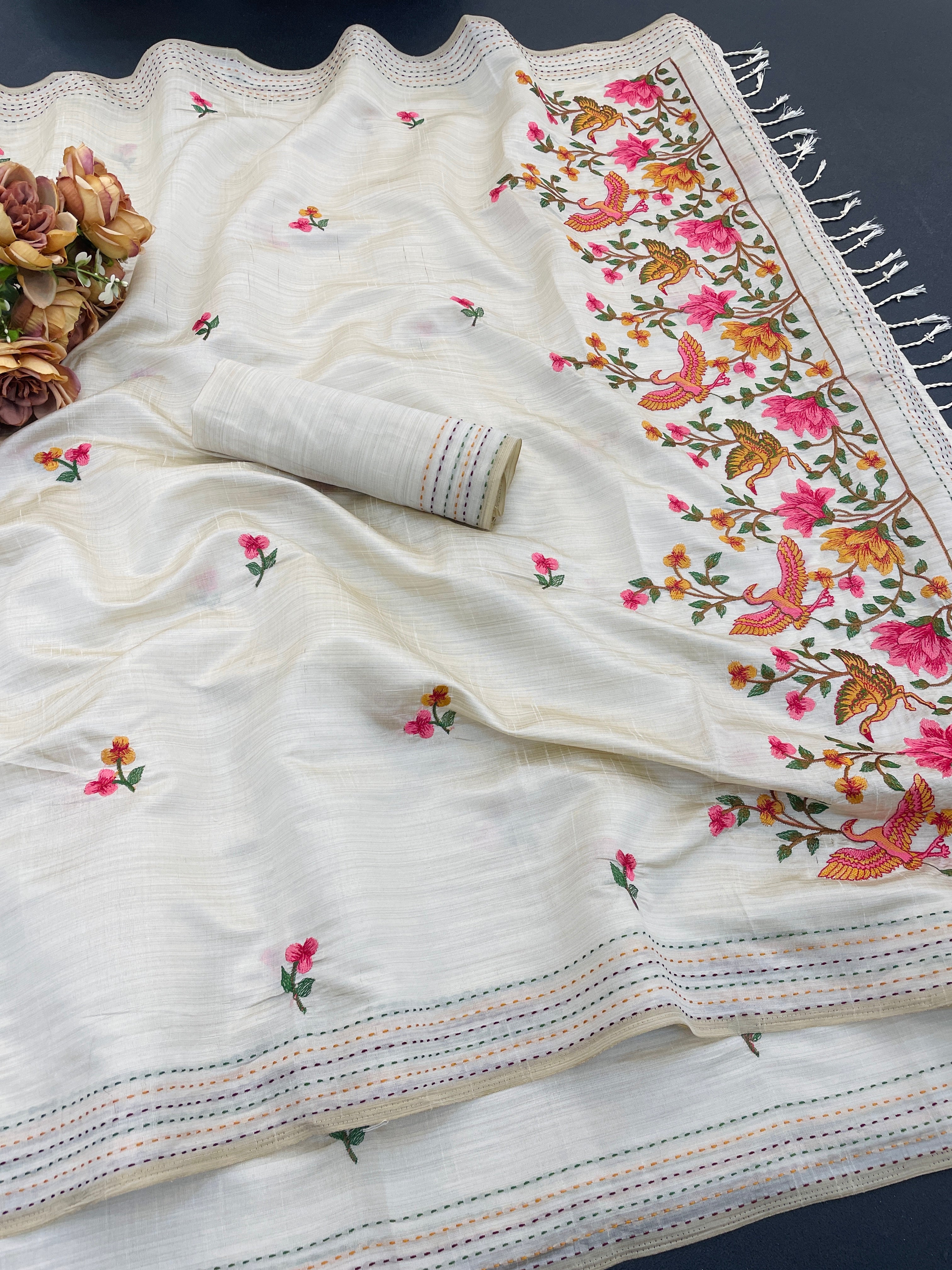 K 5 FASHION Tussar Silk Embroidered Saree 2 - FLEMINGO