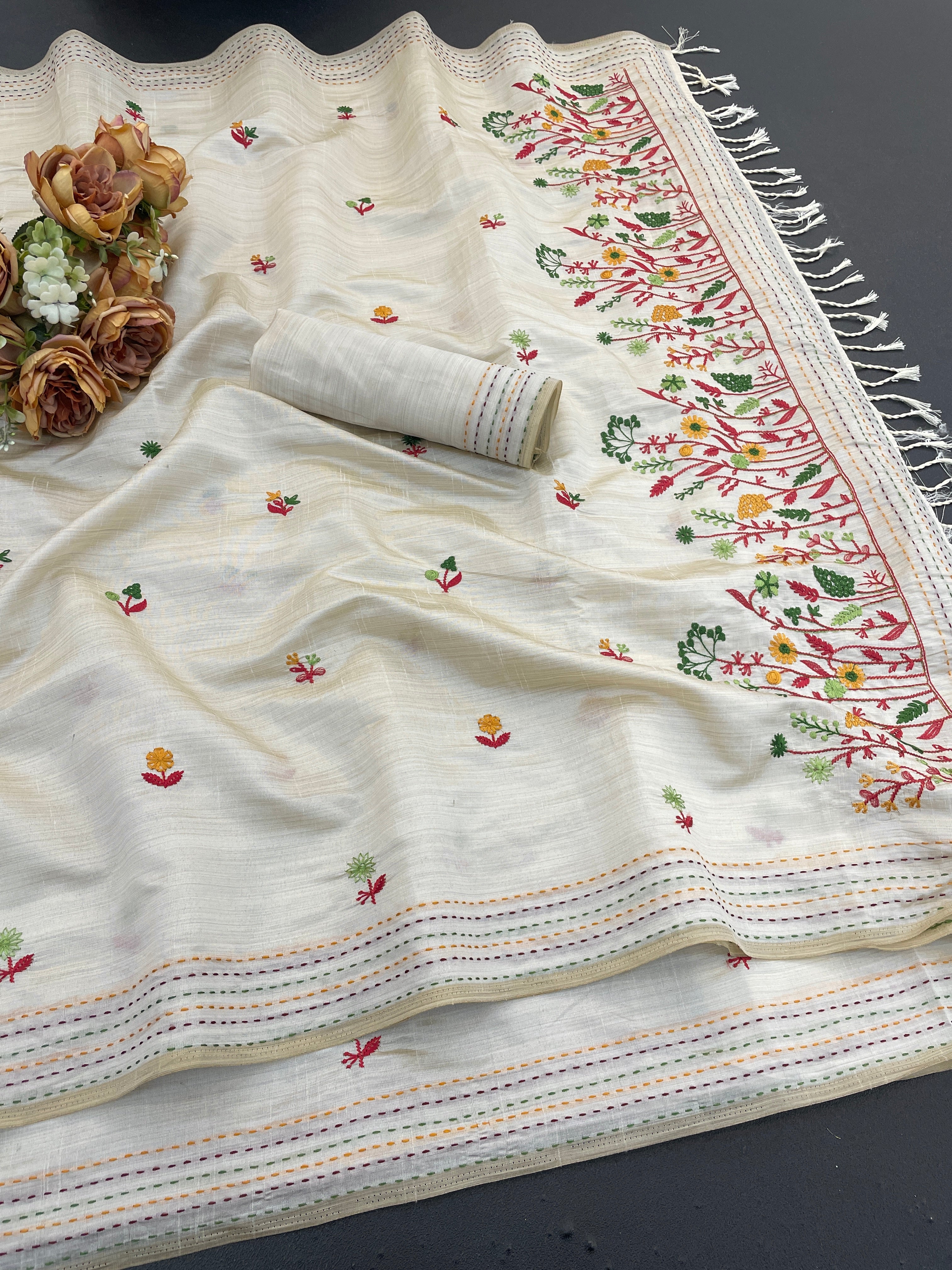 K 5 FASHION Tussar Silk Embroidered Saree - FLORAL