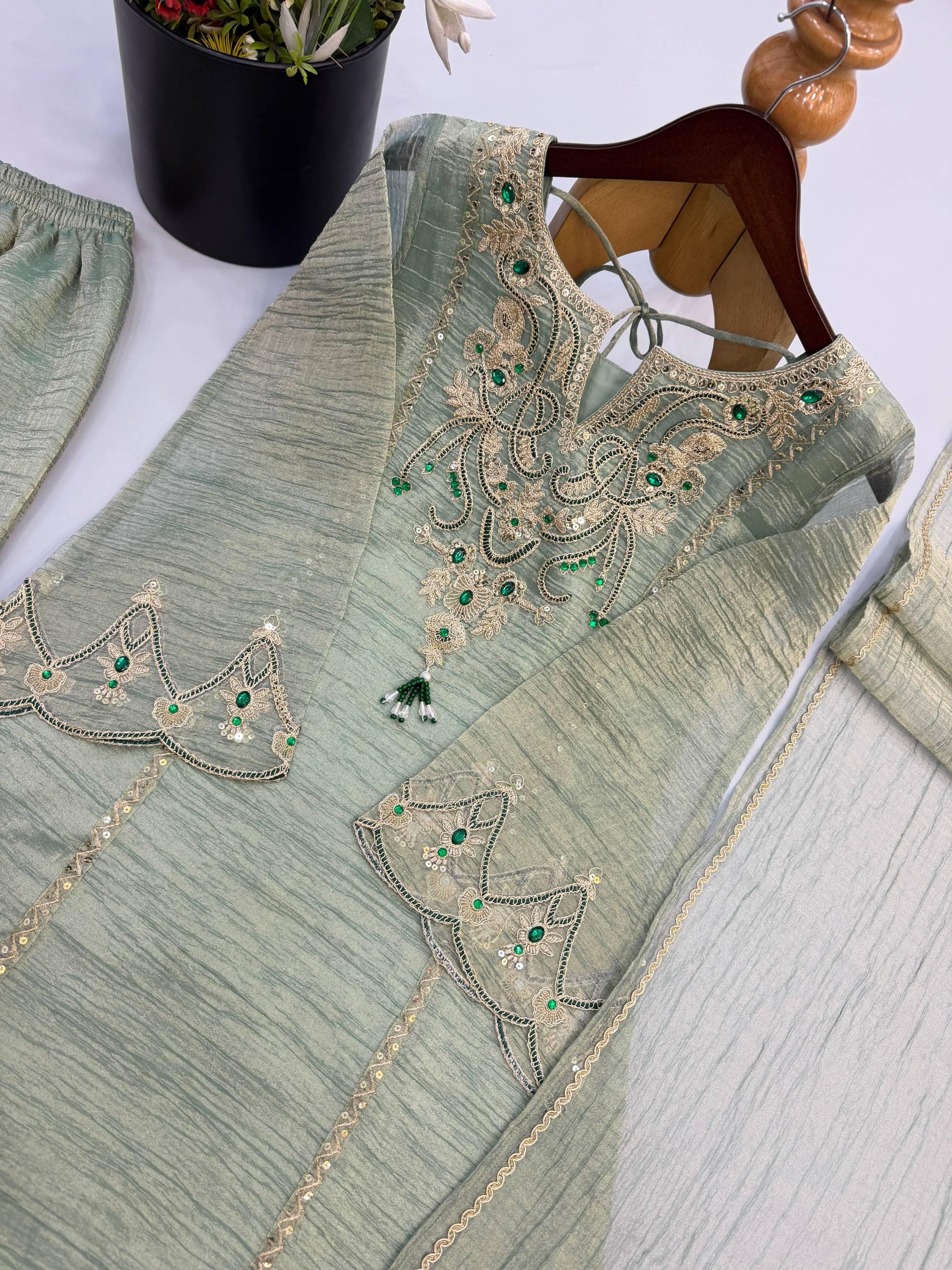 Designer Salsa Silk Sage Green Embroidery Coding & Stone Work Sharara Suit Set Custom Stitched