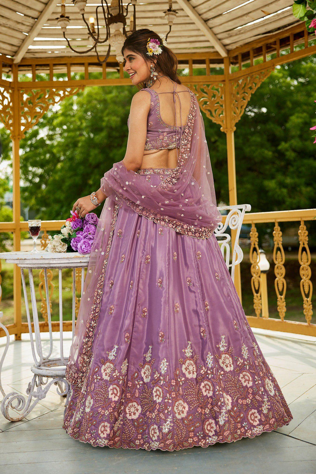 Dusty Purple Embroidered Lehenga Choli Set, French Crepe Dupatta, Wedding Wear