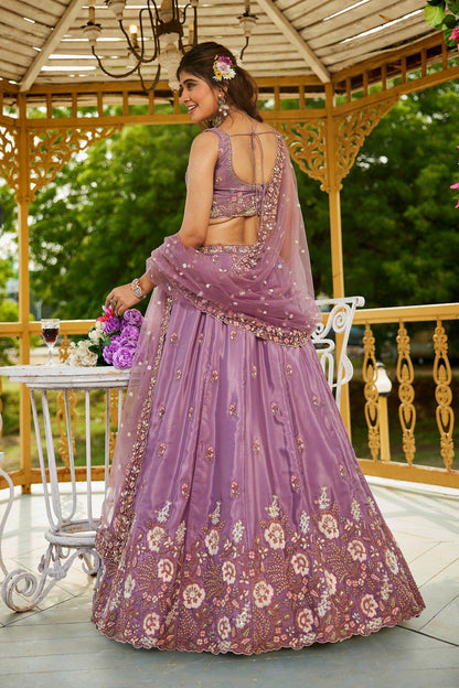 Dusty Purple Embroidered Lehenga Choli Set, French Crepe Dupatta, Wedding Wear