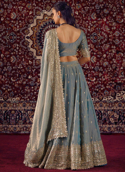Designer Indian Wedding Lehenga Choli: Tint Blue Fandy Silk Embroidery (Made To Order)