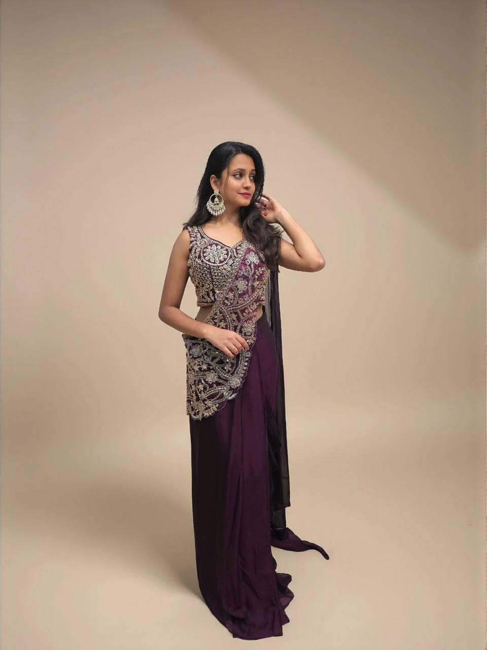 Ready-to-Wear Green Rangoli Silk Drape Saree with Sequins Work Blouse