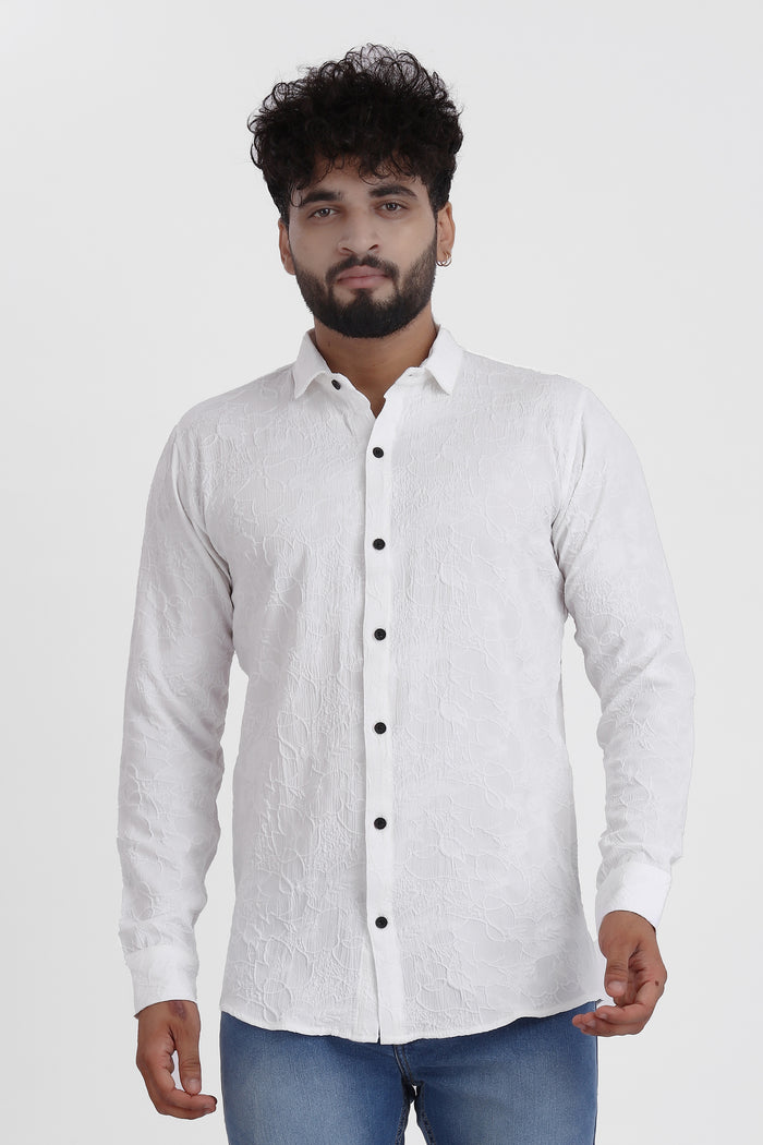 Abstract Jacquard White Shirt for Men | Modern Smart-Casual Button-Down Stretch Lycra Top
