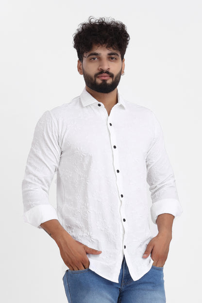 Flowly Jacquard White Shirt for Men | Modern Smart-Casual Button-Down Stretch Lycra Top