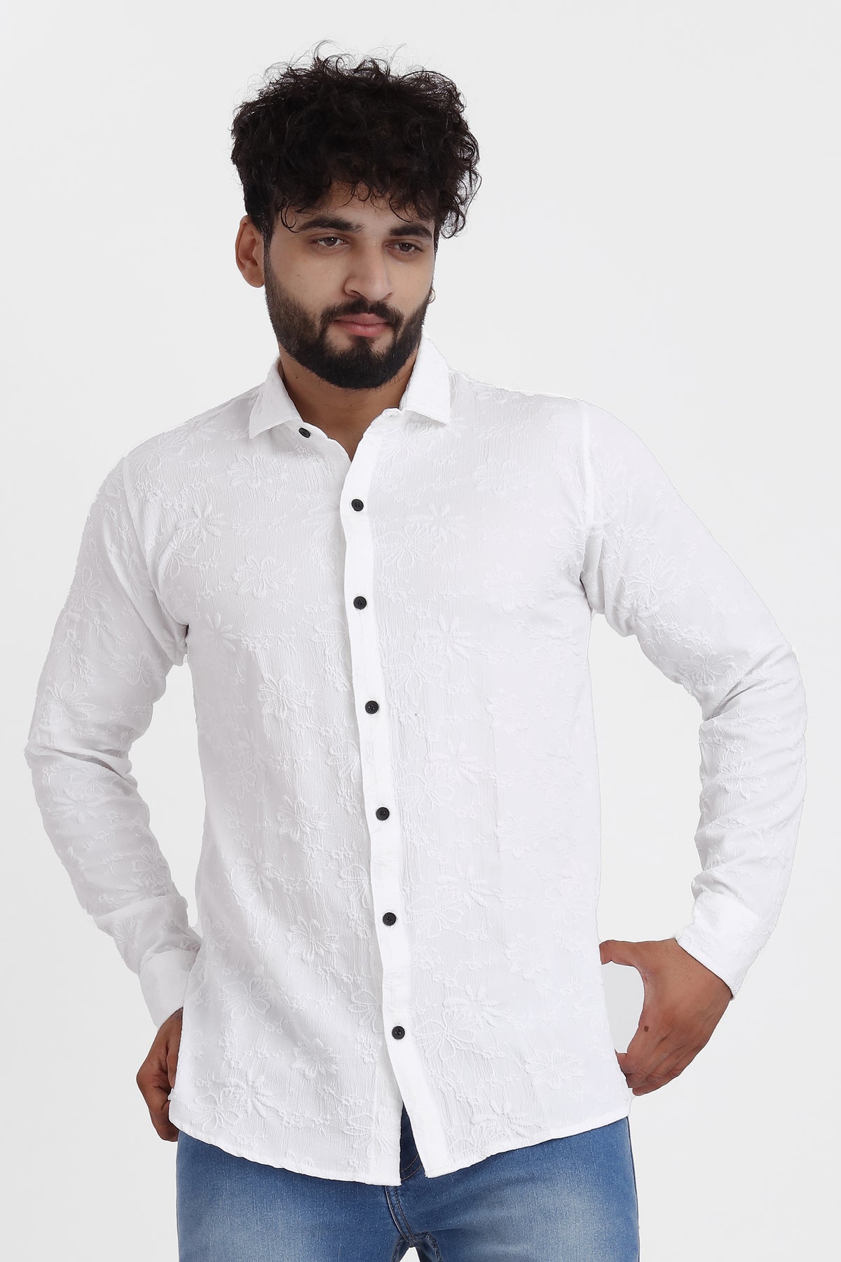 Flowly Jacquard White Shirt for Men | Modern Smart-Casual Button-Down Stretch Lycra Top