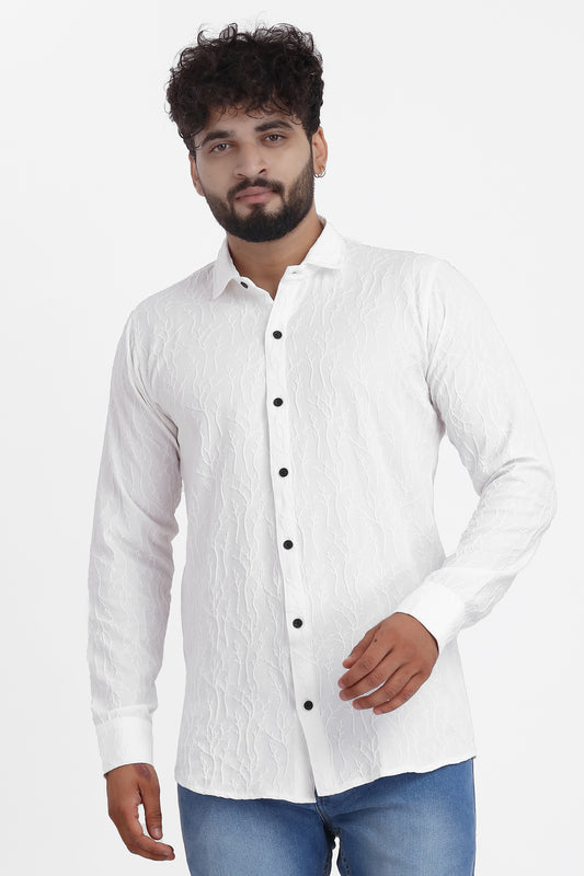 Limb Jacquard White Shirt for Men | Modern Smart-Casual Button-Down Stretch Lycra Top