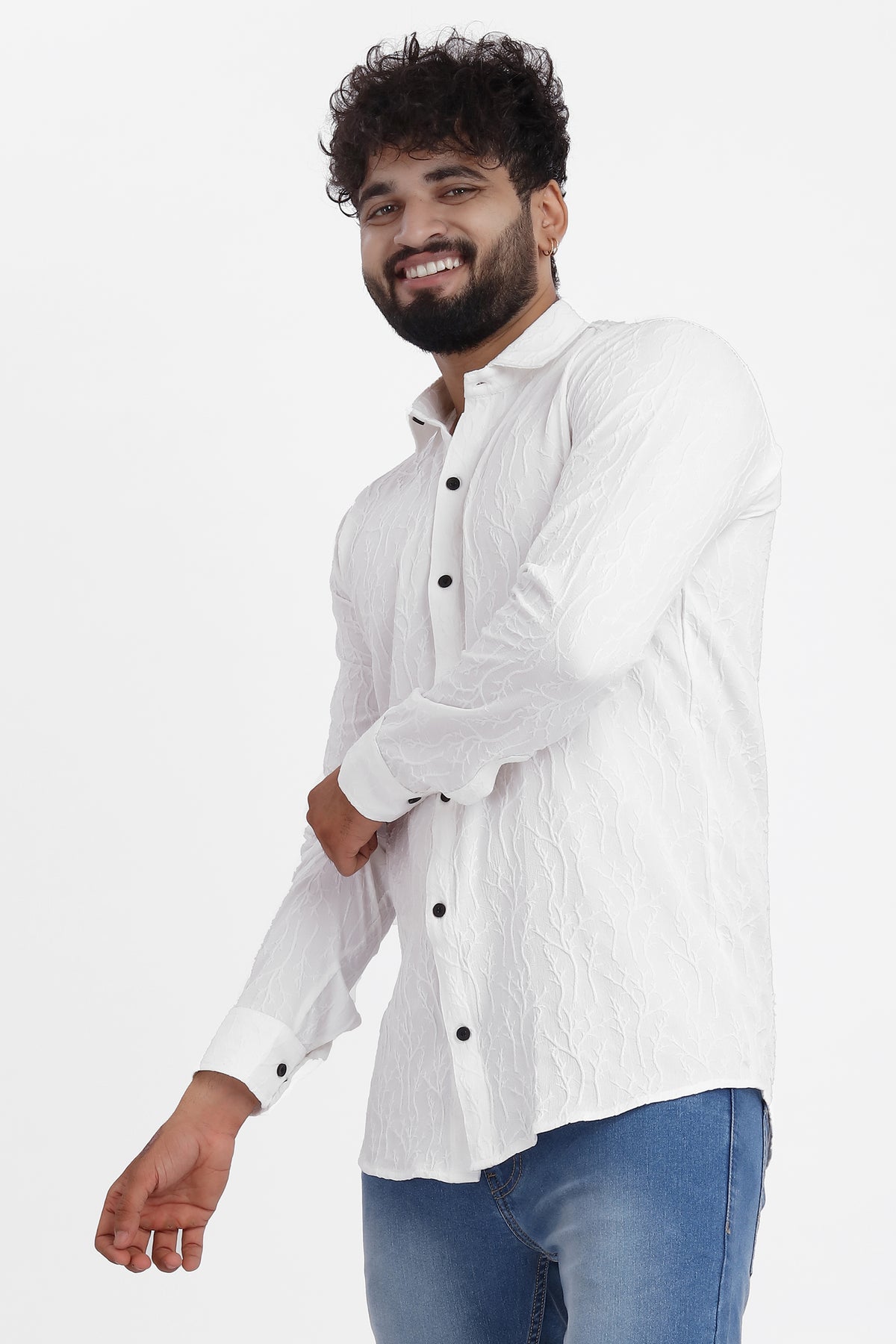 Limb Jacquard White Shirt for Men | Modern Smart-Casual Button-Down Stretch Lycra Top