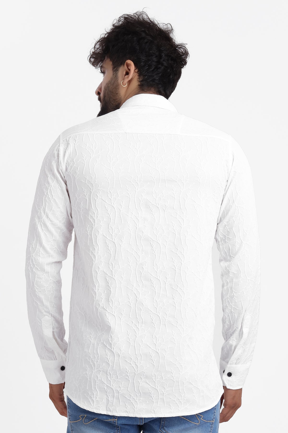 Limb Jacquard White Shirt for Men | Modern Smart-Casual Button-Down Stretch Lycra Top