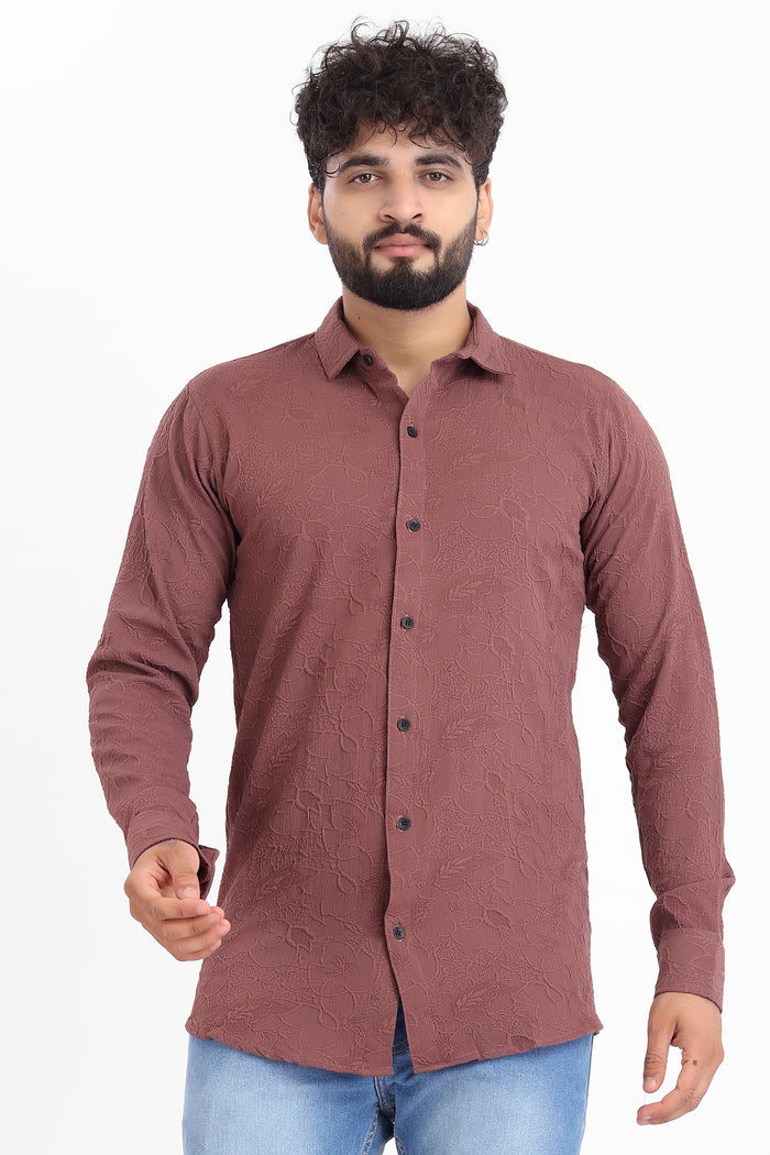 Abstract Jacquard Burgundy Shirt for Men | Modern Smart-Casual Button-Down Stretch Lycra Top