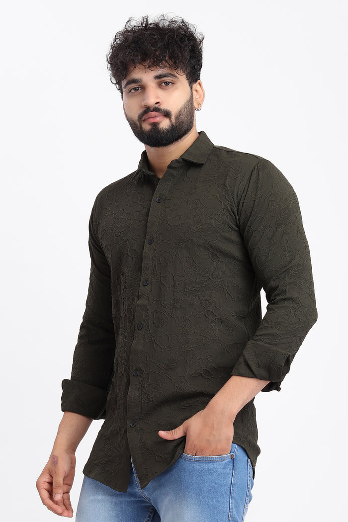Abstract Jacquard D-Green Shirt for Men | Modern Smart-Casual Button-Down Stretch Lycra Top