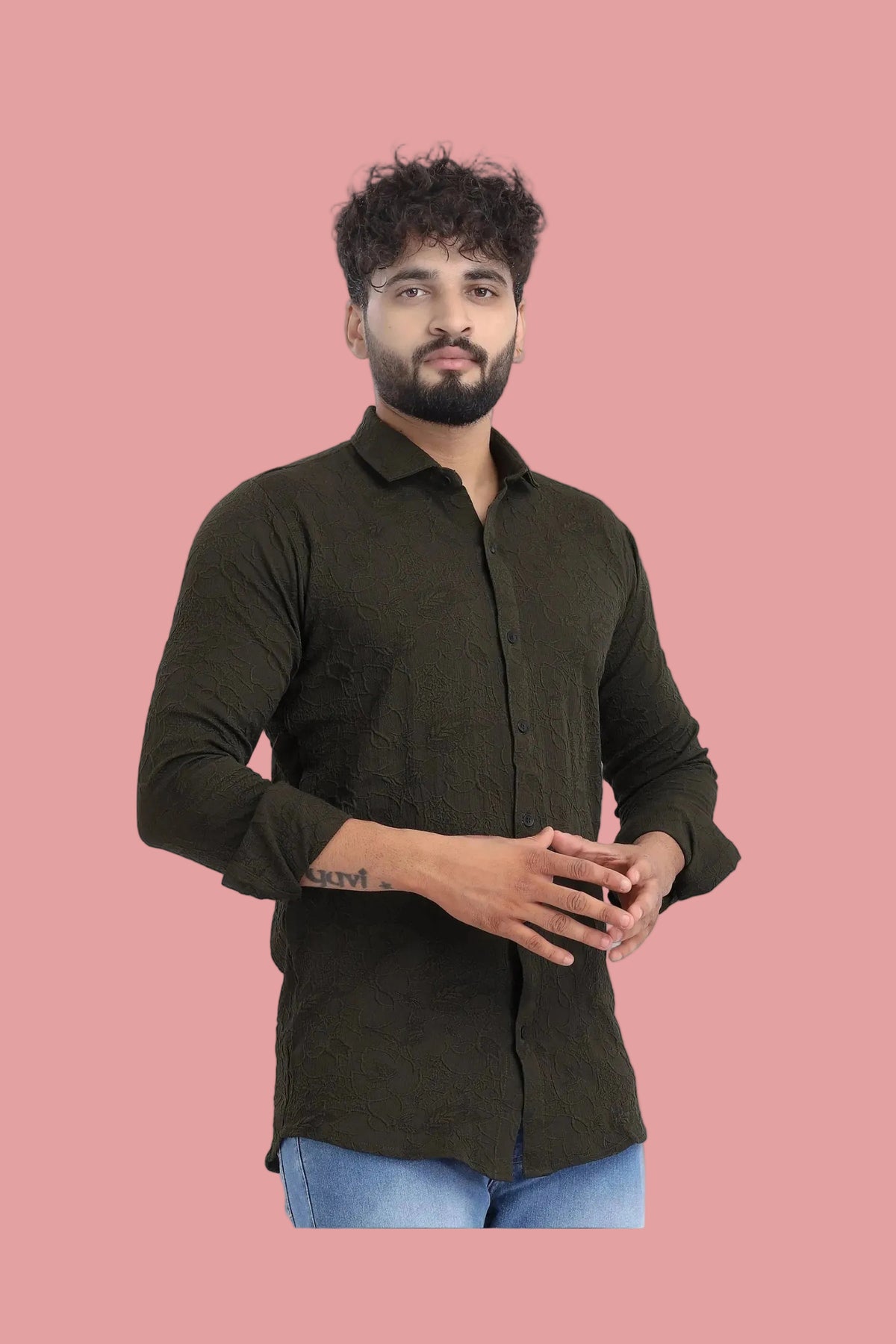 Abstract Jacquard D-Green Shirt for Men | Modern Smart-Casual Button-Down Stretch Lycra Top