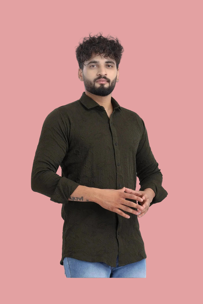 Abstract Jacquard D-Green Shirt for Men | Modern Smart-Casual Button-Down Stretch Lycra Top