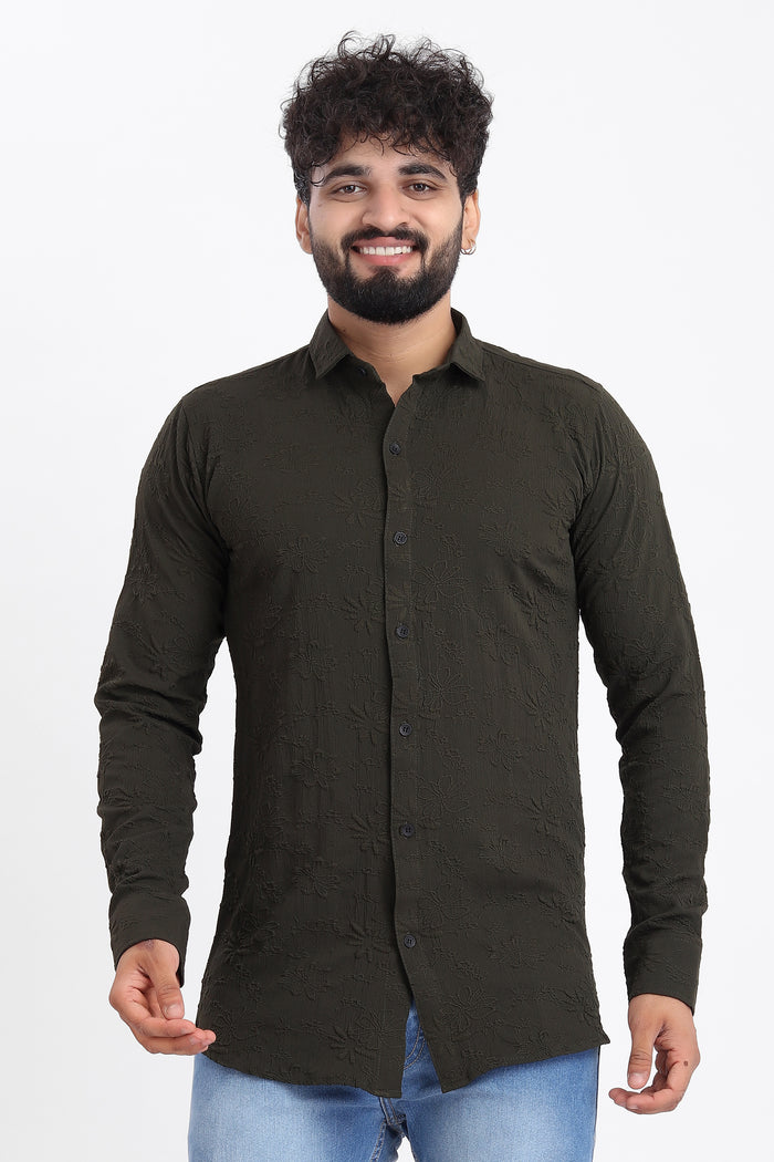 Flowly Jacquard D-Green Shirt for Men | Modern Smart-Casual Button-Down Stretch Lycra Top