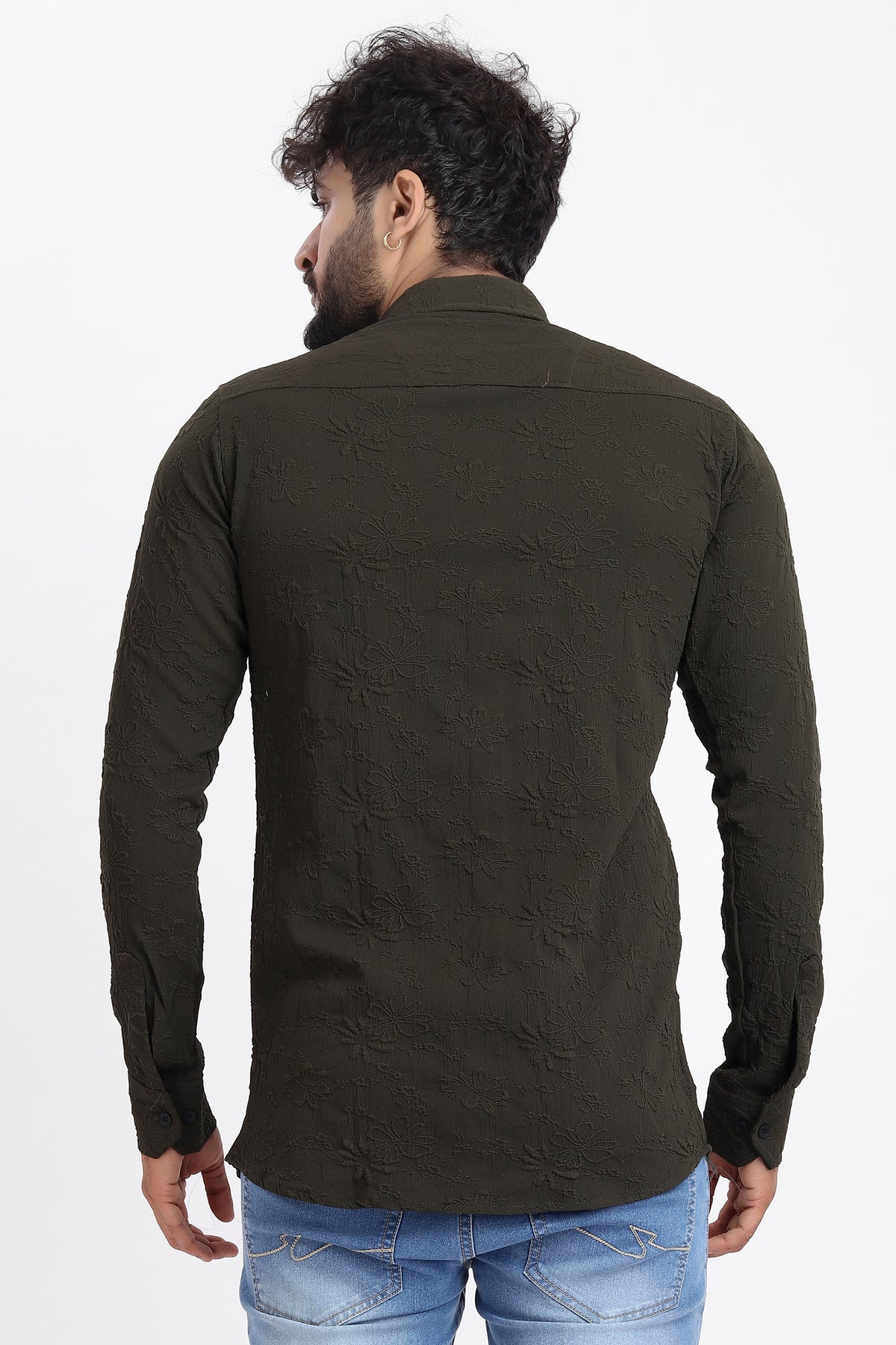 Flowly Jacquard D-Green Shirt for Men | Modern Smart-Casual Button-Down Stretch Lycra Top