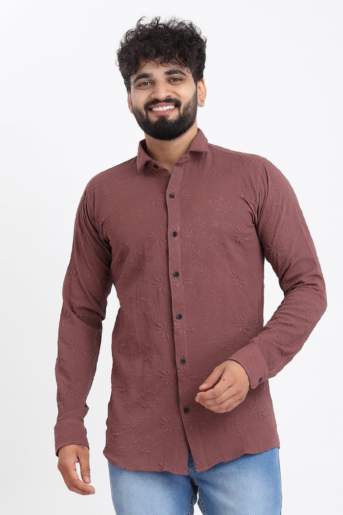 Flowly Jacquard Burgundy Shirt for Men | Modern Smart-Casual Button-Down Stretch Lycra Top