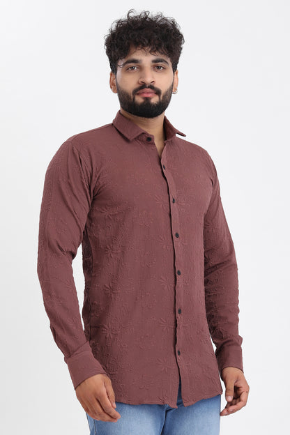 Flowly Jacquard Burgundy Shirt for Men | Modern Smart-Casual Button-Down Stretch Lycra Top