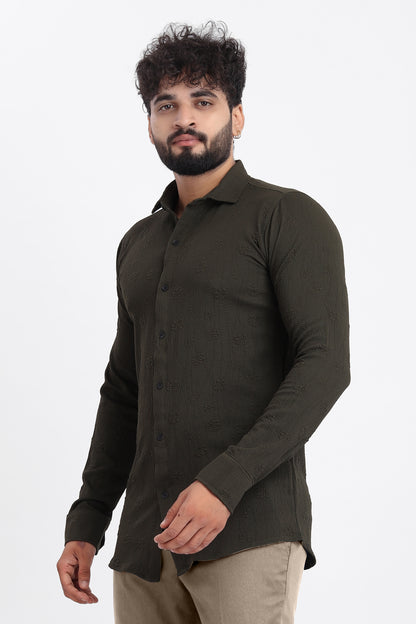 Lupine Jacquard D-Green Shirt for Men | Modern Smart-Casual Button-Down Stretch Lycra Top