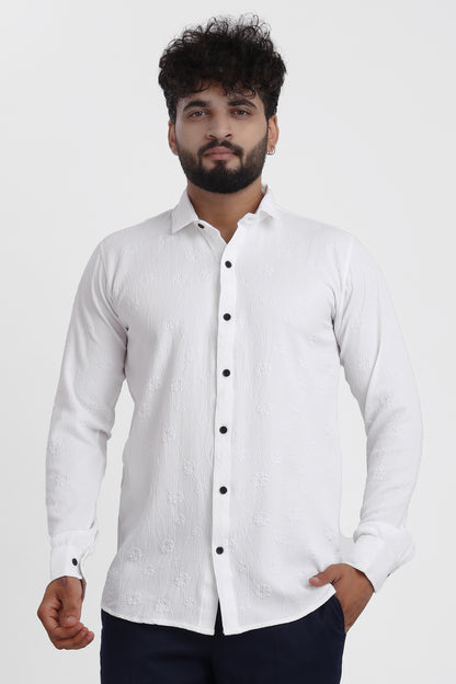Lupine Jacquard White Shirt for Men | Modern Smart-Casual Button-Down Stretch Lycra Top