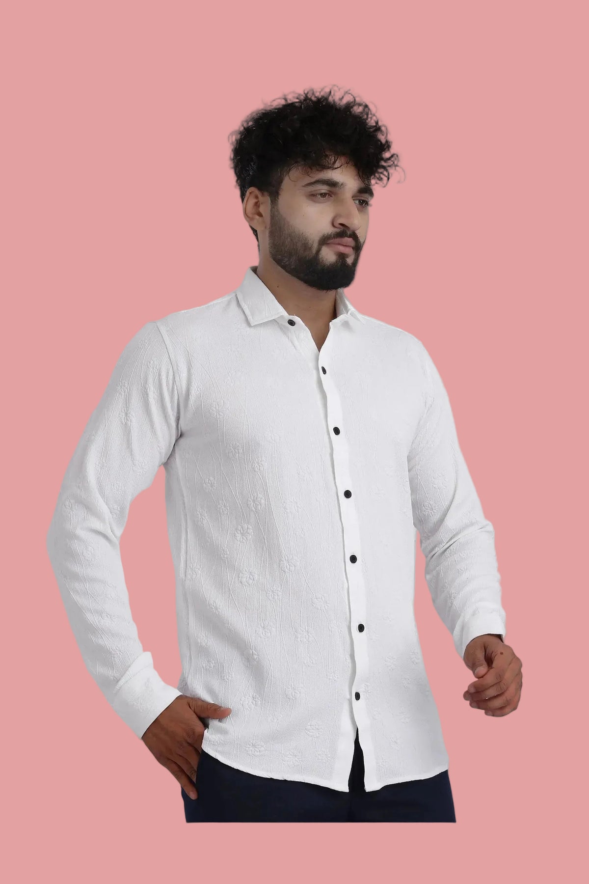 Lupine Jacquard White Shirt for Men | Modern Smart-Casual Button-Down Stretch Lycra Top