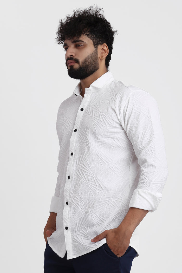 Ellipse Jacquard White Shirt for Men | Modern Smart-Casual Button-Down Stretch Lycra Top