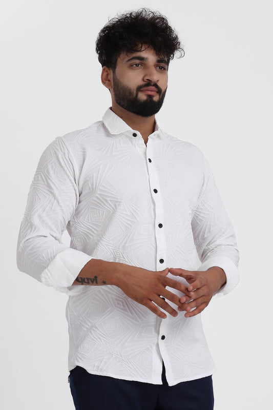 Ellipse Jacquard White Shirt for Men | Modern Smart-Casual Button-Down Stretch Lycra Top