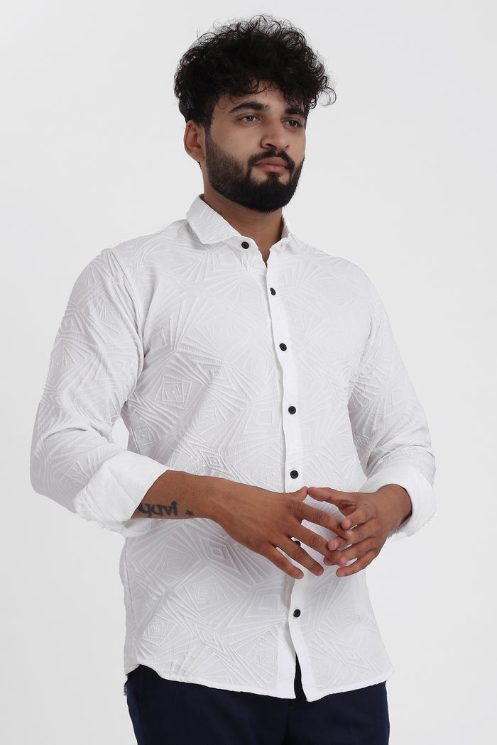 Ellipse Jacquard White Shirt for Men | Modern Smart-Casual Button-Down Stretch Lycra Top