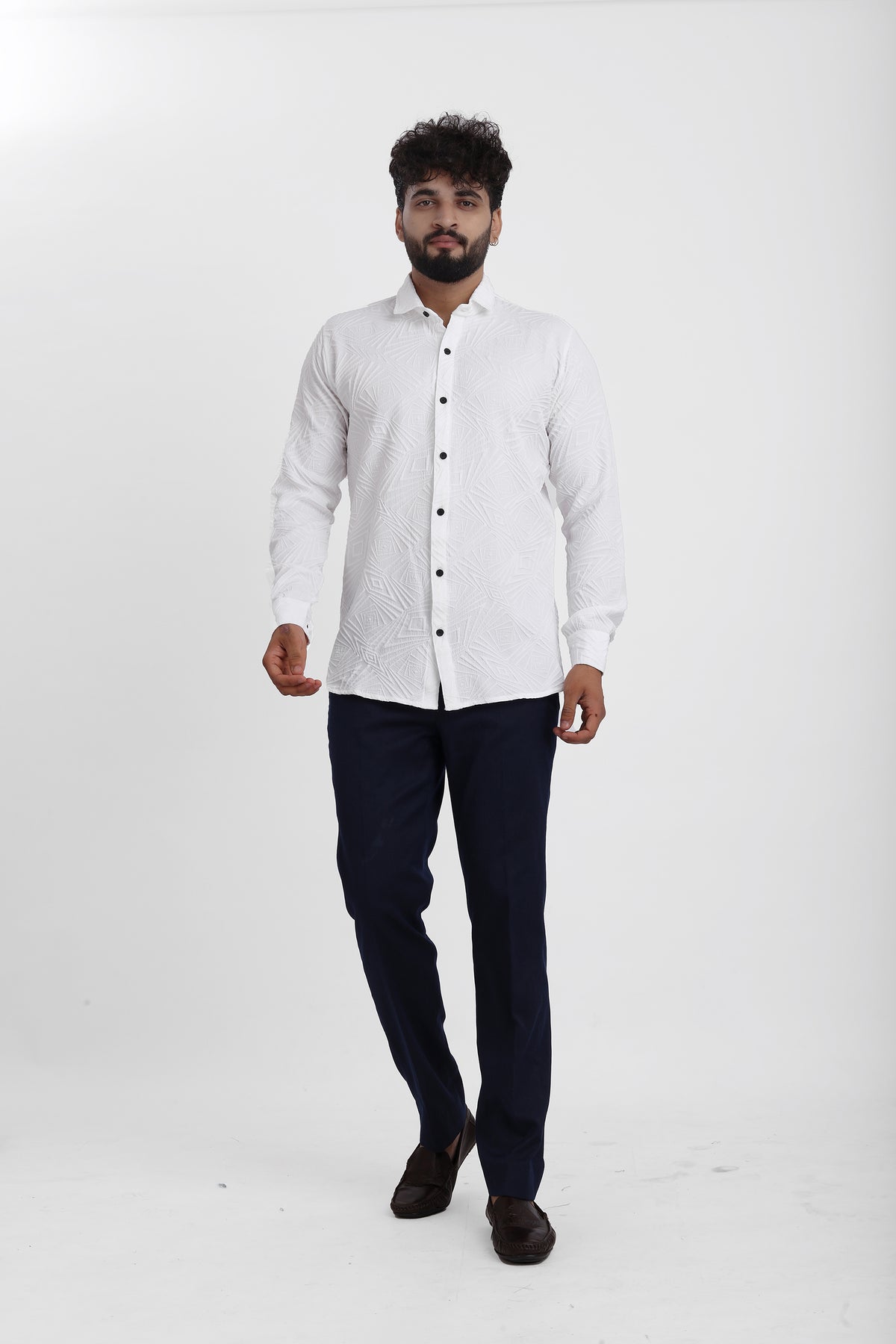 Ellipse Jacquard White Shirt for Men | Modern Smart-Casual Button-Down Stretch Lycra Top