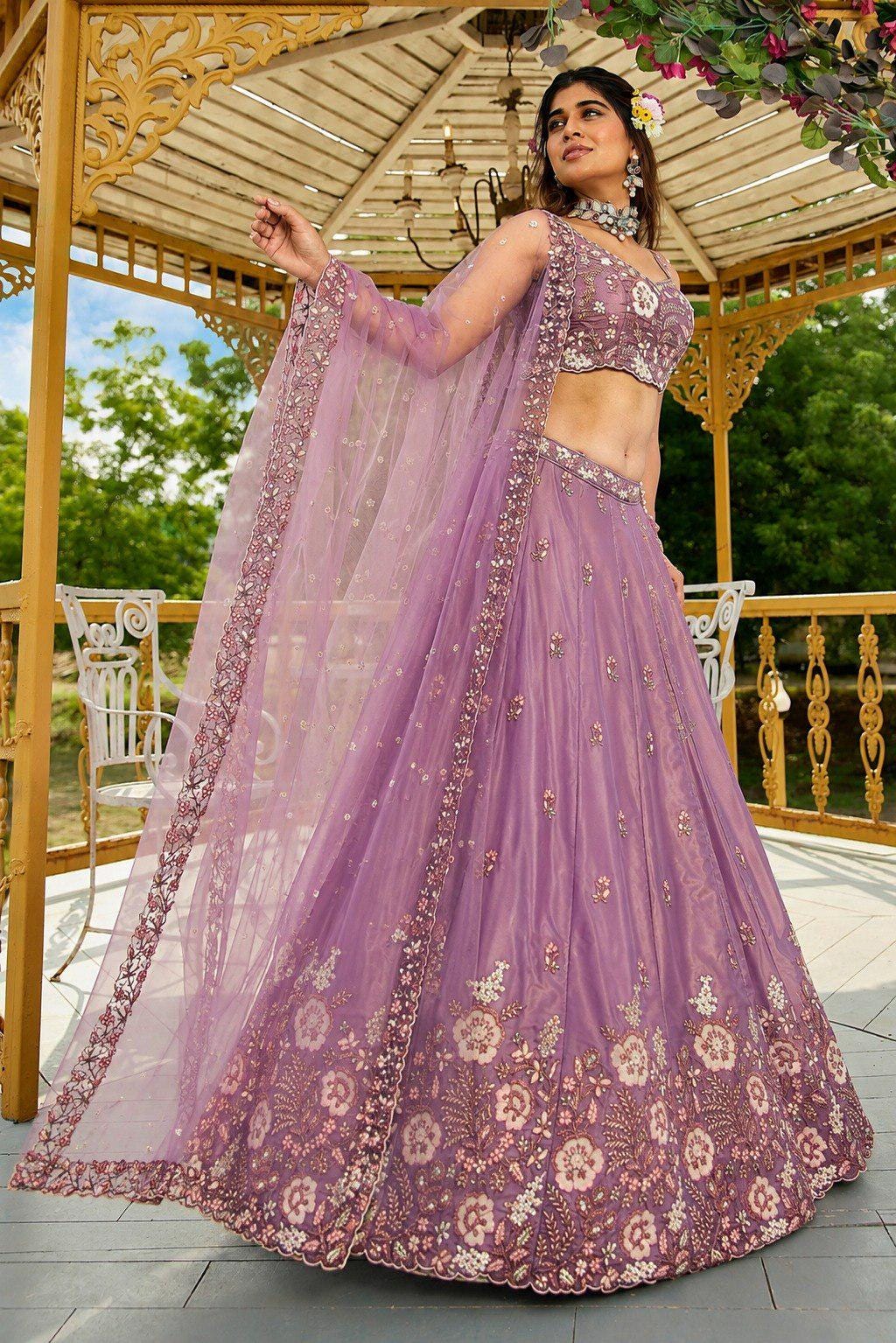 Dusty Purple Embroidered Lehenga Choli Set, French Crepe Dupatta, Wedding Wear