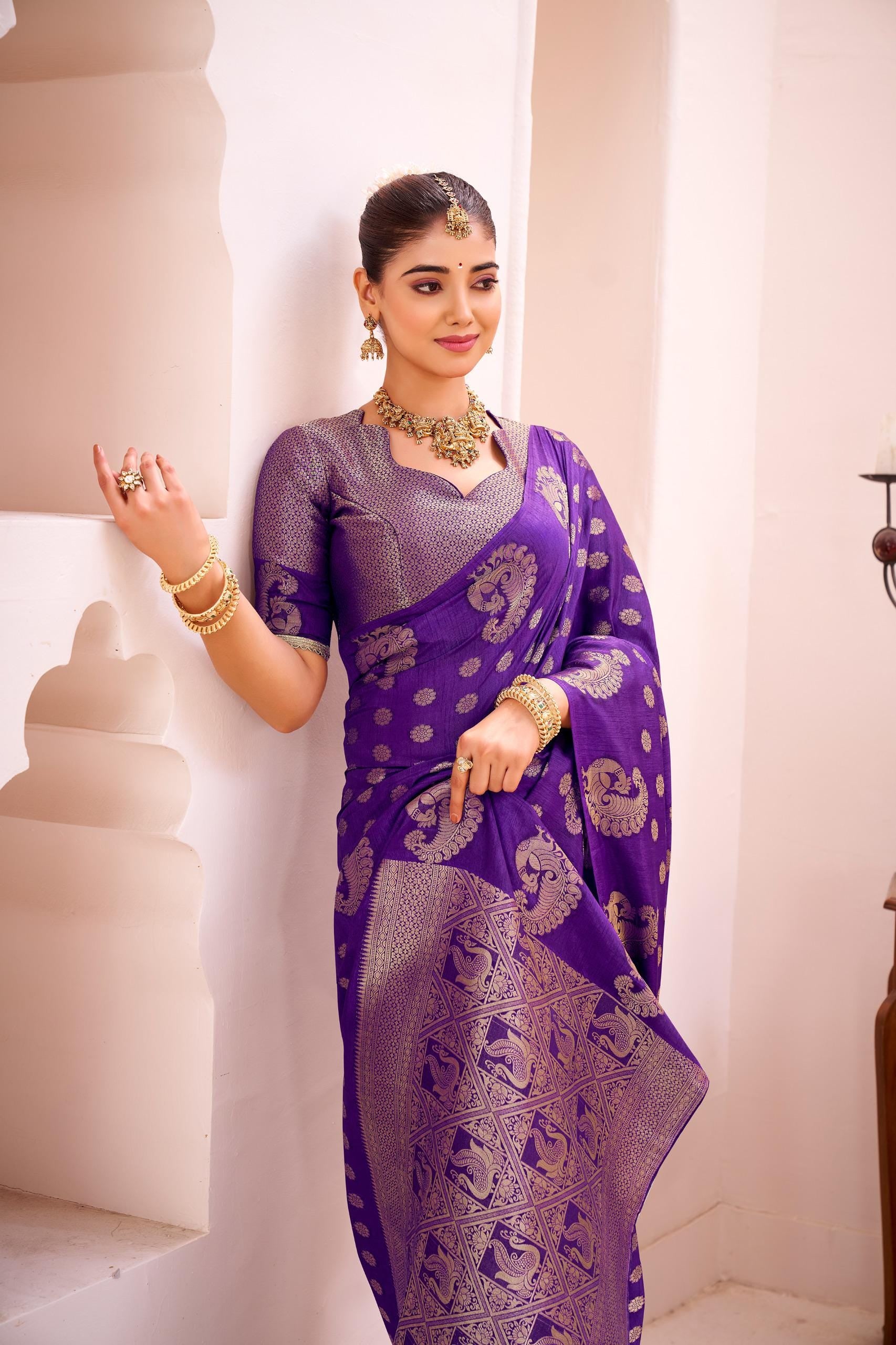 Purple Banarasi Silk Saree with Gold Zari Border